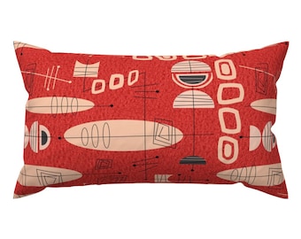 Mid-century Mod Lumbar Pillow - Atomic Era Retro Geometric Rectangle Accent Throw Pillow - Mid-century Atomic Red by hot4tees_bg