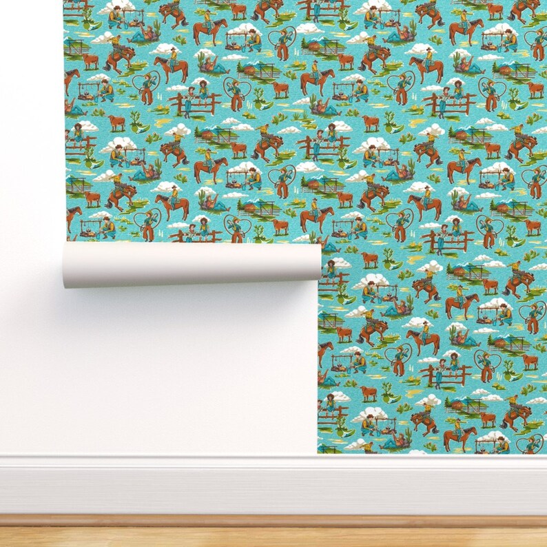 Rustic Country Commercial Grade Wallpaper Out West Teal by Etsy