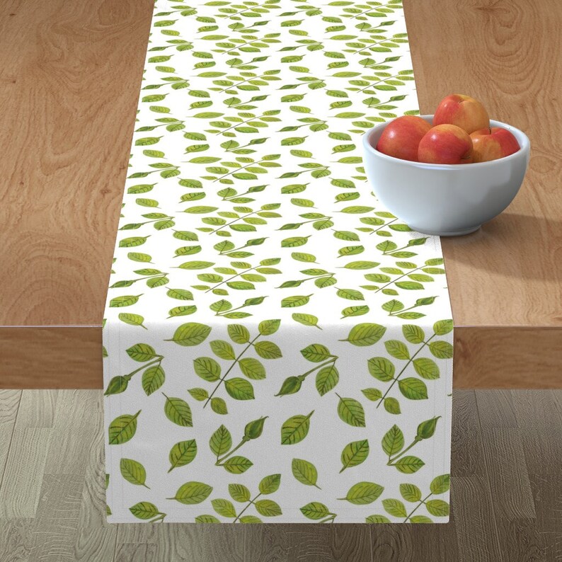Botanical Leaves Roses Bud Green Cotton Sateen Table Runner by Spoonflower Rose Buds And Leaves by hannamccown Floral Table Runner