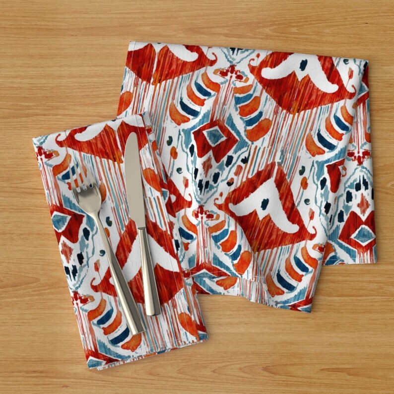 - Balinese Red Ikat by tasiania Watercolor Ikat Dinner Napkins Batik Ethnic Traditional Damask Cloth Napkins by Spoonflower Set of 2