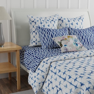 Shibori Cotton Bedding Collection - Japanese Tie Dye Indigo Blue Geometric Boho Watercolor Printed Duvet Cover, Sheet Set, and Pillow Sham