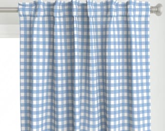 Blue Curtain Panel -  Plaid Country Gingham Sky Check Picnic Cottagecore Large Scale Custom Curtain Panel - Sky Gingham by kirstudio -