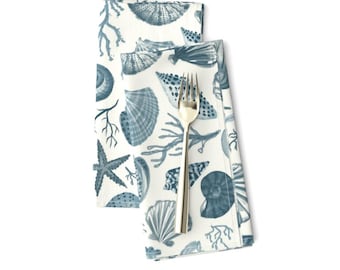 Lot de 2 serviettes de table nautiques - Aquarelle sur la plage côtière, vie marine, maison de plage - Grandes coquillages bleus