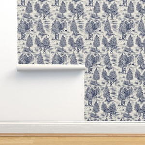 Tapete Blaue Sasquatch Naturfaser Tapete - Big Foot Toile Large von somecallmebeth - Big Foot Camping Toile Tapete Doppelrolle von Spoonflower