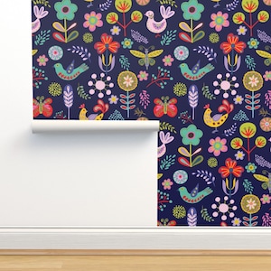 Scandinavian Flowers Non-Pasted Wallpaper - Folk Art by dorademe - Folk Art Inspired Butterflies  Wallpaper Double Roll by Spoonflower