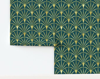 Green Gold Fans Non-Pasted Wallpaper Art Deco Style Vintage Inspired - Art Deco Emerald  by danadudesign Wallpaper by Spoonflower