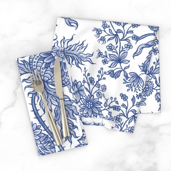 Blue + White Floral Paper Dinner Napkins Set