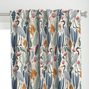 Coastal Flora Curtain Panel - Heron And Plants by nina_leth - Nature Tropical Wild Flowers Crane Heron Custom Curtain Panel by Spoonflower