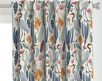 Coastal Flora Curtain Panel - Nature Tropical Wild Flowers Crane Heron Moody Pond Custom Curtain Panel - Heron And Plants by nina_leth -