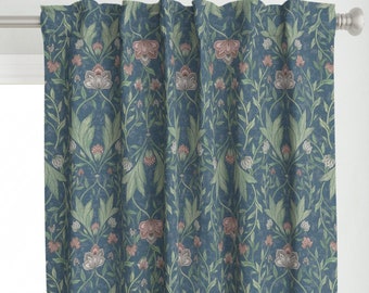 William Morris Curtain Panel - Victoriaans damastgebladerte door bloomerydecor - Teal Leaves Vintage Floral Custom Curtain Panel door Spoonflower