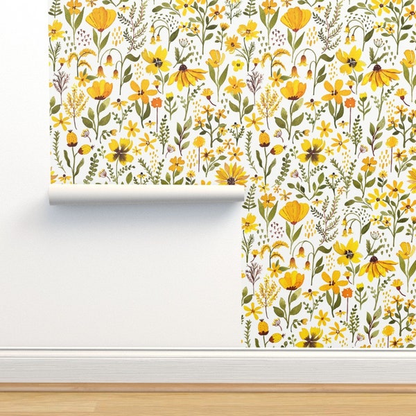 Yellow Floral Commercial Grade Wallpaper - Watercolor Boho Floral by luli_print - Blossom Watercolor Wallpaper Double Roll by Spoonflower