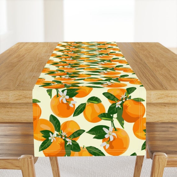 Citrus Table Runner - Summer Fruit Oranges Botanical Food Cotton Sateen Table Runner - Oranges And Blossoms On Cream Ii by kaileyhawthorn
