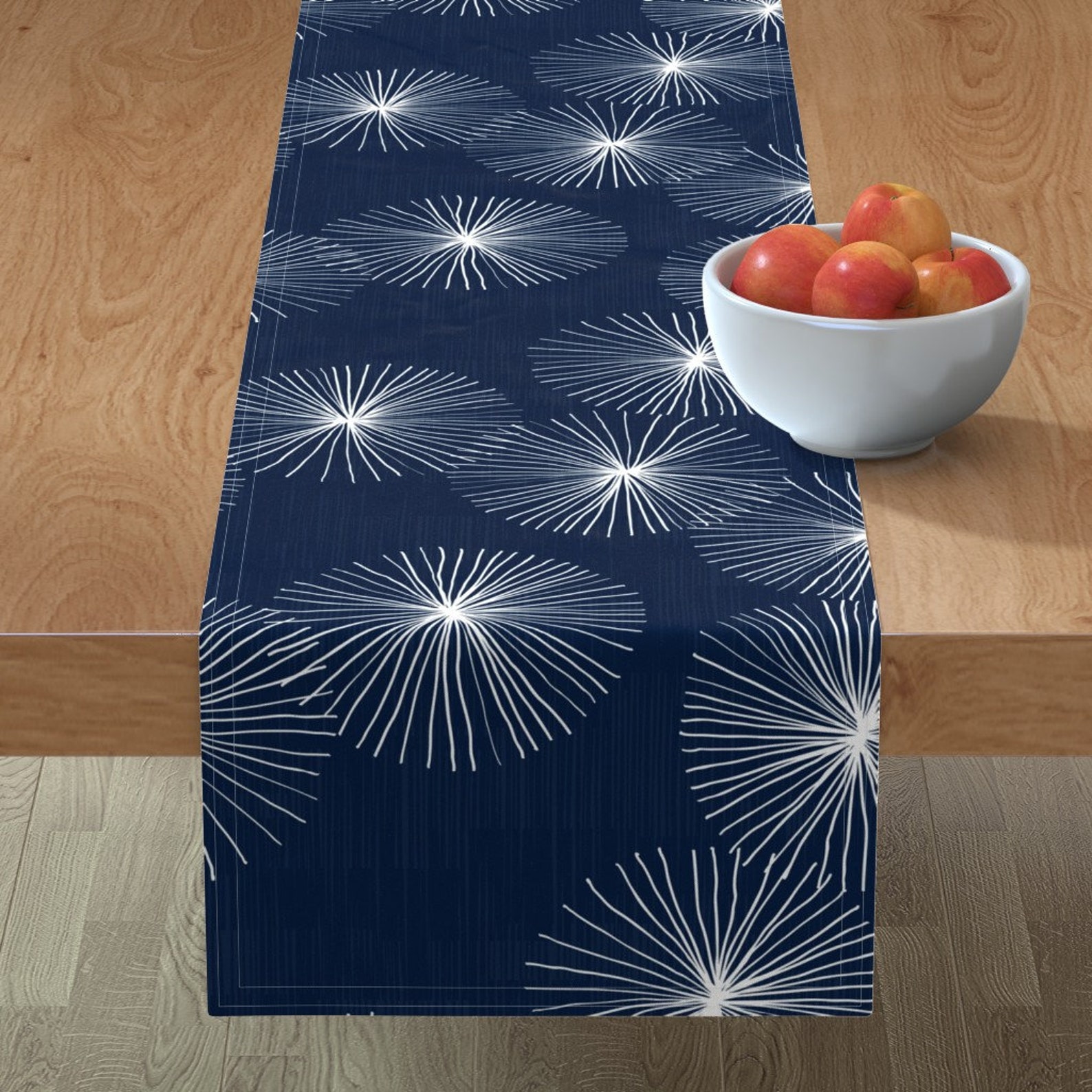 Mid Century Modern Table Runner Dandelions Navy & White by Etsy