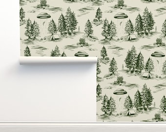 Alien Toile vliesbehang Grillige Ufo's - Donkergroen Alien Abduction van Somecallmebeth Wallpaper Double Roll van Spoonflower