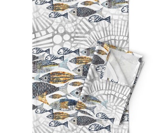 Nautical Tea Towels (Set of 2) - Catch Of The Day by mimipinto - Mosaic Fish Watercolor Collage Linen Cotton Tea Towels by Spoonflower