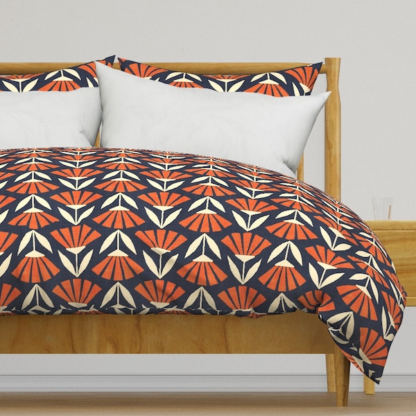 Orange Bedding - Orange Navy Retro Geometric Flowers by bobbie_val - Blue Navy Fall Cotton Sateen Duvet Cover OR Pillow Shams by Spoonflower