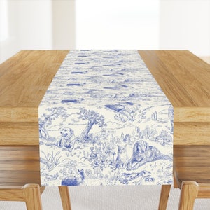 Blue Toile Table Runner - Country Dogs Toile by vinpauld - Country Style Hand Drawn Landscape Toil Cotton Sateen Table Runner by Spoonflower