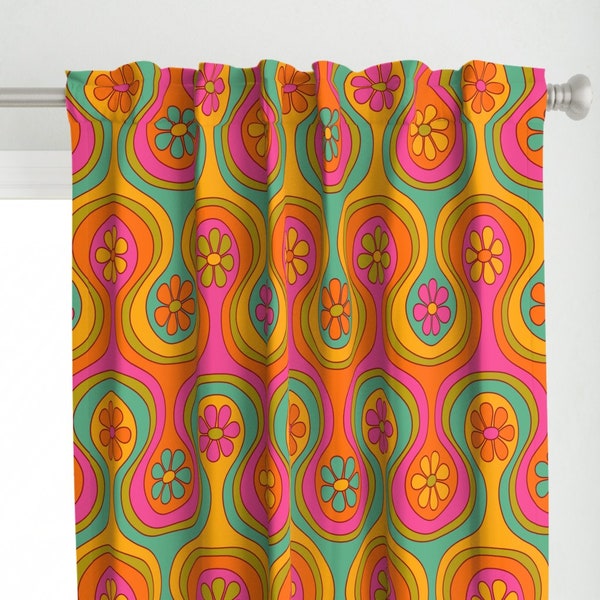 Pink And Orange Flower Curtain Panel - Groovy 60s Floral by jenwebbcreates - Retro Daisy Bold Pink Custom Curtain Panel by Spoonflower