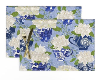 Gardenia Chinoiserie Placemats (Set of 2) - Willow Chinoiserie by hnldesigns - Chinese Floral Tea Cups Cloth Placemats by Spoonflower