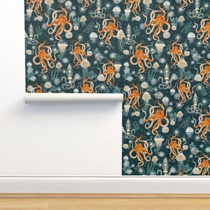 Octopus Non-Pasted Wallpaper - Octopus On Midnight  by katherine_quinn - Blue Orange Sea Ocean Octopus Wallpaper Double Roll by Spoonflower