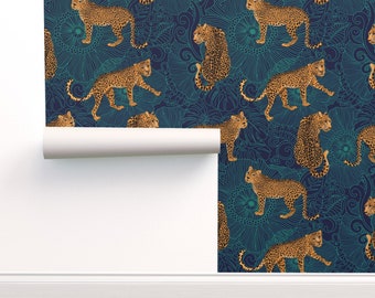 Leopard Print Commercial Grade Wallpaper - Leopard Jungle Midnight  by hnldesigns - Blue And Teal Wallpaper Double Roll by Spoonflower