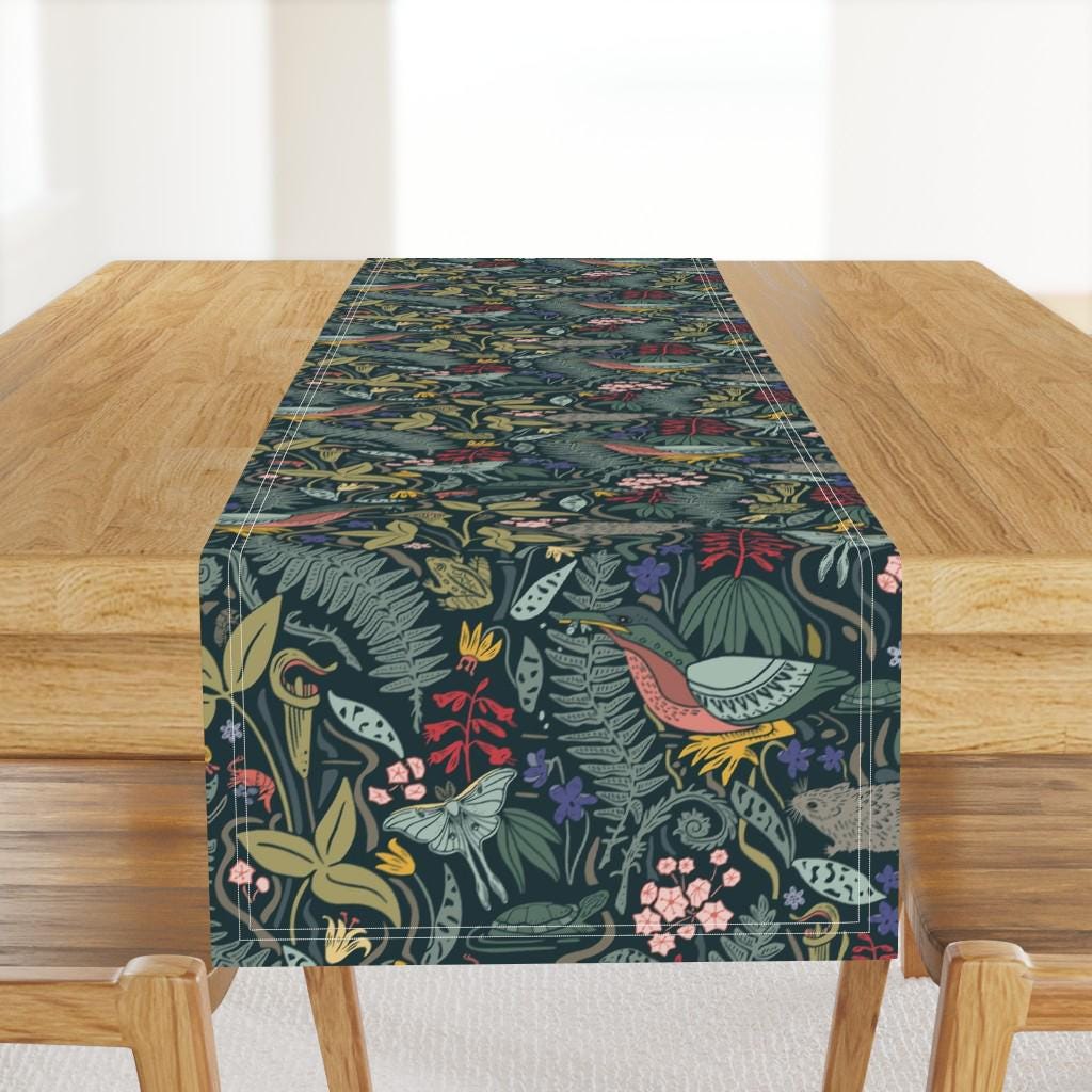 Maximalist Botanical Table Runner - Eno River State Park by katie_hayes - Nature Floral Woods Frog Cotton Sateen Table Runner by Spoonflower