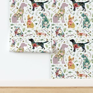 Floral Dogs Non-Pasted Wallpaper - Patchwork Dogs by shopcabin - Kids Baby Rescue Dogs Rustic Colorful Wallpaper Double Roll by Spoonflower