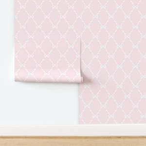 Traditional Non-Pasted Wallpaper Preppy Ribbon Bow Trellis Lattice Classic - Bow Trellis Pink by prettyfestive Wallpaper by Spoonflower
