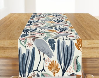 Elegant Heron Table Runner - Jungle Foliage Wildflower Marsh Crane Meadow Cotton Sateen Table Runner - Heron And Plants by nina_leth