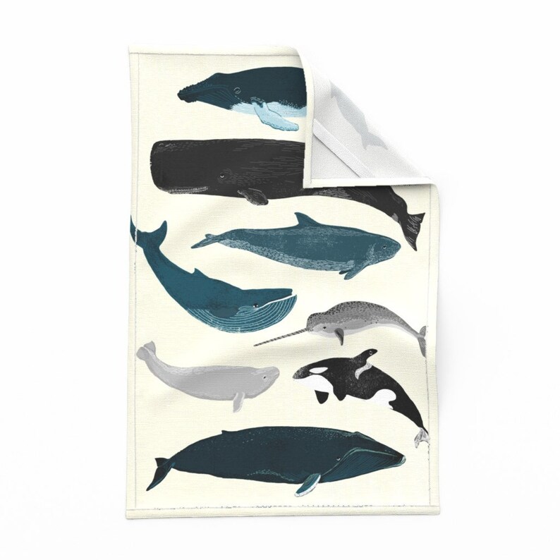 Whales by andrea/_lauren Whale Tea Towel Narwhal Orca Nautical Ocean Animal Illustration Linen Cotton Canvas Tea Towel by Spoonflower
