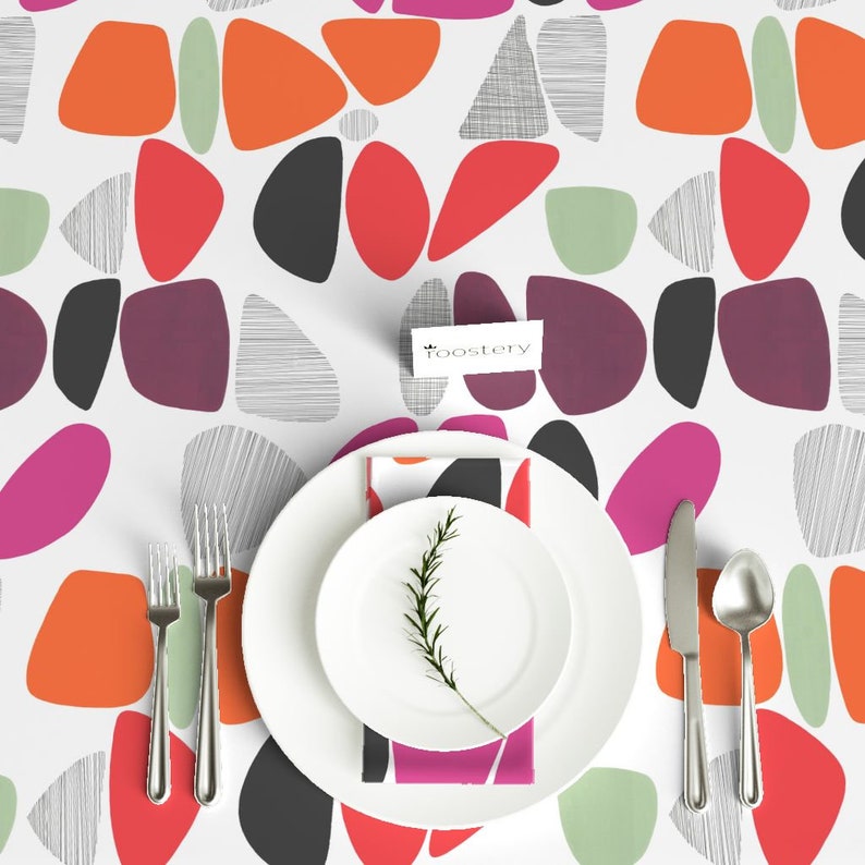 Retro Mod Tablecloth 1950 Pebbles Pink Orange Red by kate/_rowley Mid Century Modern Cotton Sateen Tablecloth by Spoonflower