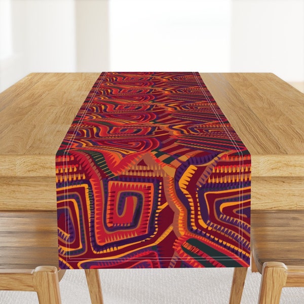 Tribal Table Runner - Mola Like by wren_leyland - Paprika Abstract Orange Yellow Ochre Flame Cotton Sateen Table Runner by Spoonflower