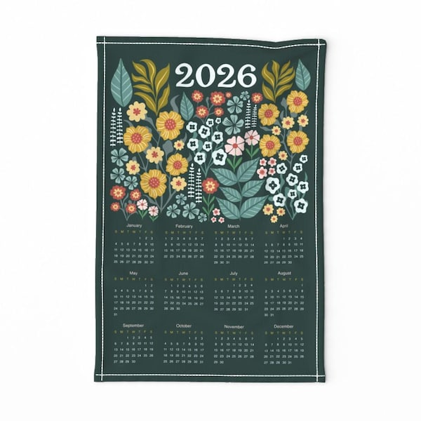 2026 Calendar Tea Towel - Botanical Garden by priraj_designs - Modern Floral Teal Botanical Linen Cotton Canvas Tea Towel by Spoonflower
