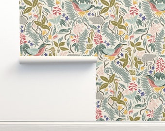 May include: A cream-colored wallpaper with a repeating pattern of green, blue, and red stylized birds, plants, and insects. The pattern is whimsical and nature-inspired.