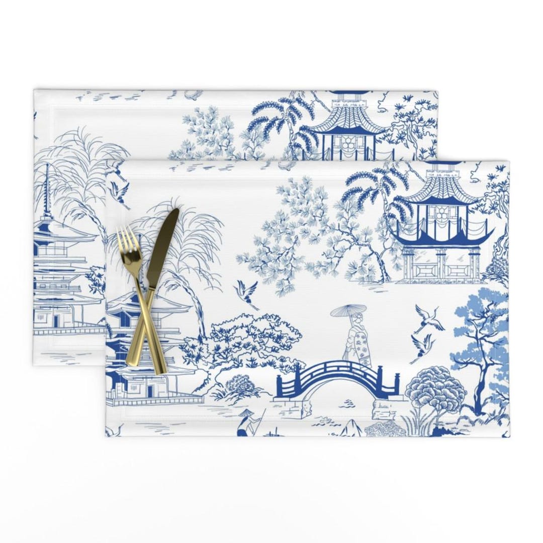 Blues Placemats Set of 2 - Japan Japanese Toile Cherry Blossom Pagoda ...