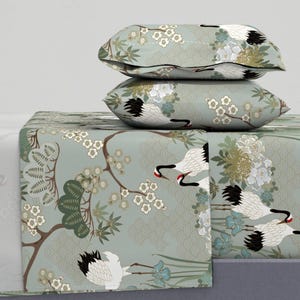 Crane Chinoiserie Sheets - Japanese Garden Sage by juditgueth - Sakura Cherry Blossom Floral Cotton Sateen Sheet Set Bedding by Spoonflower