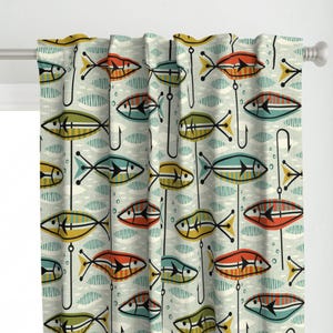 Retro Nautical Fish Curtain Panel - Retro Colorblock by studioxtine - Mod Fish Hooks Fishing Lures Custom Curtain Panel by Spoonflower
