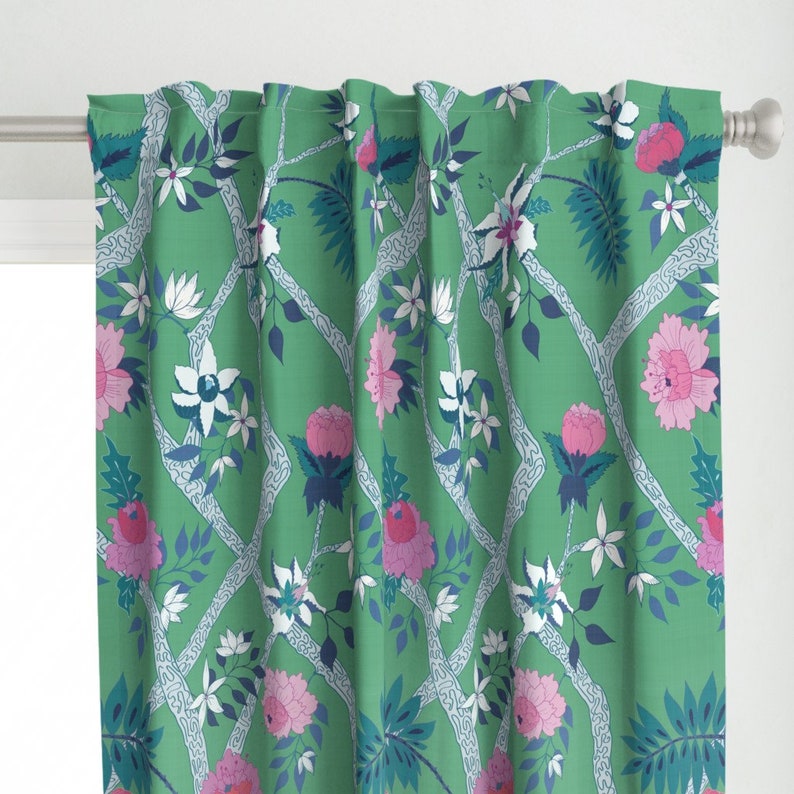 Ink Curtain Panel Green Blue Flowers Floral Branch Custom Curtain Panel by Spoonflower Deluxe Green Peony Branch by danika/_herrick