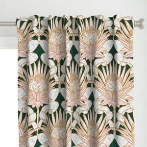 Art Deco Curtain Panel - Protea Art Deco by helenpdesigns - Marble Look Art Nouveau Forest Green Custom Curtain Panel by Spoonflower