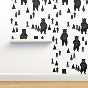 Bears Non-Pasted Wallpaper - Forest Bear  Black And White  by andrea_lauren - Woodland Forest Animal Wallpaper Double Roll by Spoonflower