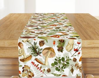 Mushrooms Table Runner - Ferns Forage Dandelion Pine Fungi Nature Cotton Sateen Table Runner - Thanksgiving In The Forest -  by utart