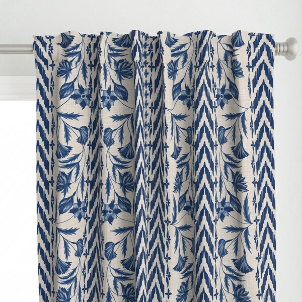 Folk Floral Stripe Curtain Panel - Floral Stripes Blue by smokeinthewoods - Large Scale Blue Tan  Custom Curtain Panel by Spoonflower