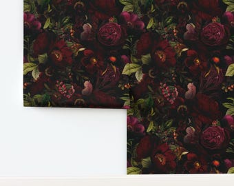 Vintage Botanical Non-Pasted Wallpaper Dark Chintz Gothic Victorian Moody Romantic - Moody Florals by utart Wallpaper by Spoonflower