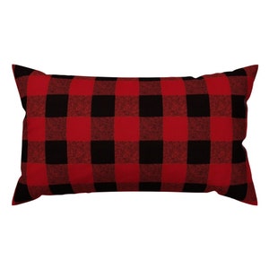 May include: Red and black checkered throw pillow. The pillow is rectangular and has a soft, plush texture.