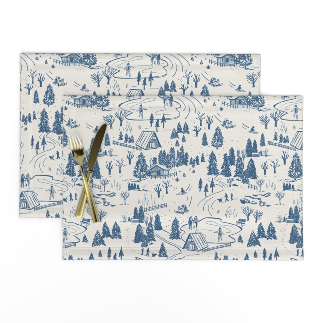 Winter Cabin Placemats set of 2 Winter Fun Toile by Jenflorentine