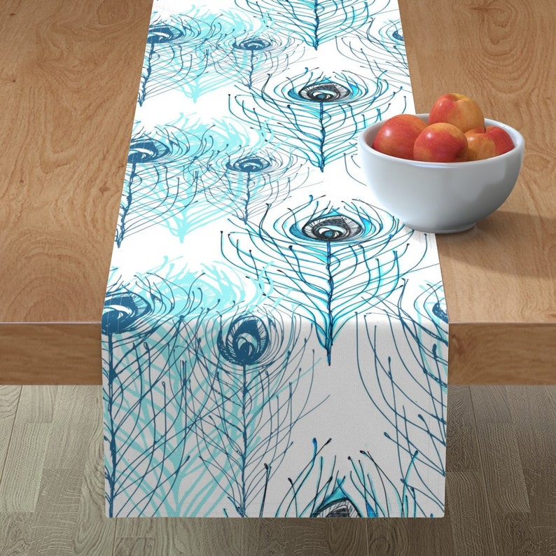 Animal Print Table Runner Peacock Feathers Aqua Indigo Etsy