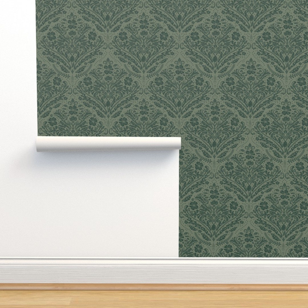 Modern Victorian Non-pasted Wallpaper Damask Dark Green Vintage Floral ...