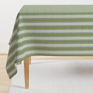 Ticking Tablecloth - Greenery Stripe by melissahyattfabrics - Striped Vertical Green Beige Cotton Sateen Tablecloth by Spoonflower