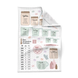 May include: A white kitchen towel with a colorful design featuring macarons, measuring cups, and a chart for converting oven temperatures from Fahrenheit to Celsius. The text on the towel includes "1 Gallon", "1 Quart", "1 Cup", "3/4 Cup", "1/2 Cup", "1/4 Cup", "Oven Temperature Conversion", "1 Tbsp = 3 tsp", "Liquid Measurements", "1 Cup of...", "Flour = 200 g", "Butter = 125 g", "Sugar = 225 g", "Rice = 200 g".