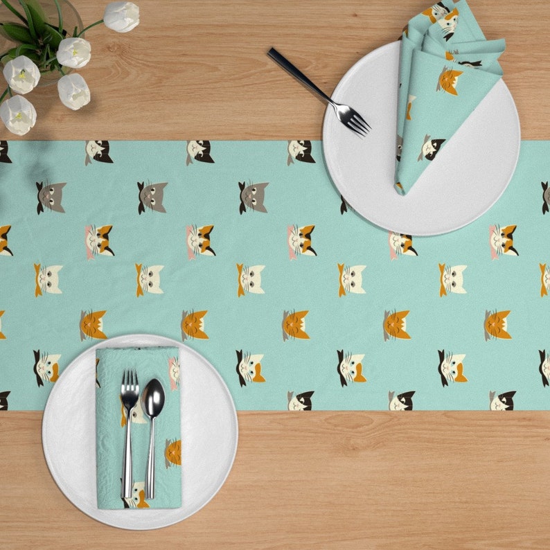 Retro Look Mid Century Cat Faces Cotton Sateen Table Runner by Spoonflower Vintage Kitties by mintgreensewingmachine Cats Table Runner